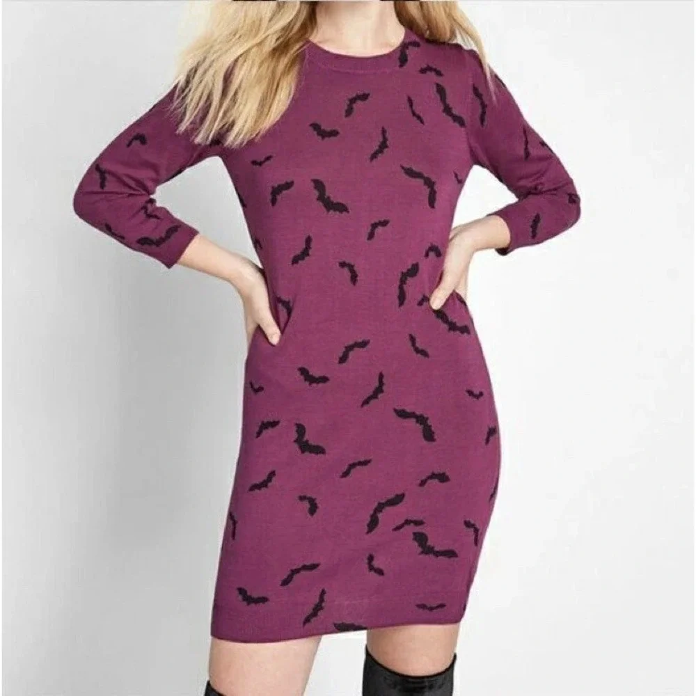 Modcloth Bat Dress Large Knit Midi Sweater Bodycon Purple Goth Witch Halloween - Picture 2 of 16